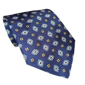 NWT Lands’ End Mens Tie Silk Blue Yellow Hexagon Floral Handsewn 58x4” USA